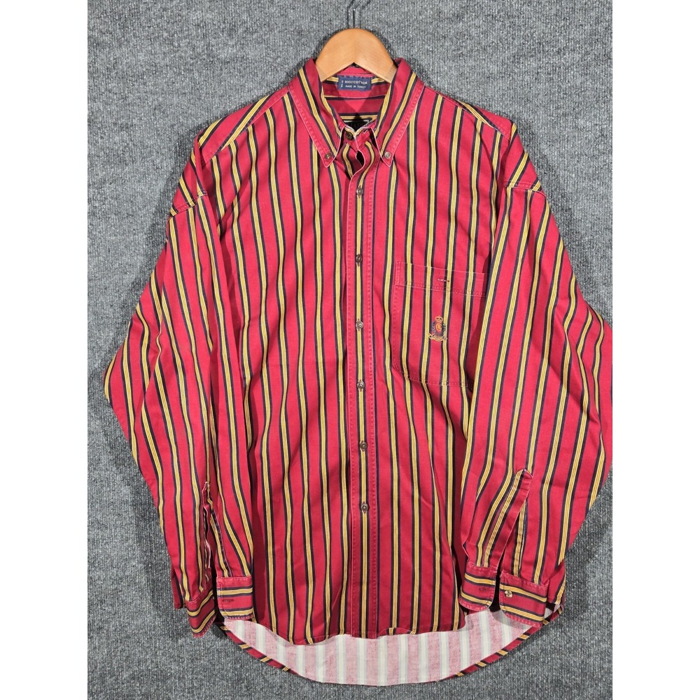 Vintage Chaps Ralph Lauren Stripe Button Down Shirt Mens L Red Blue Crest 90s